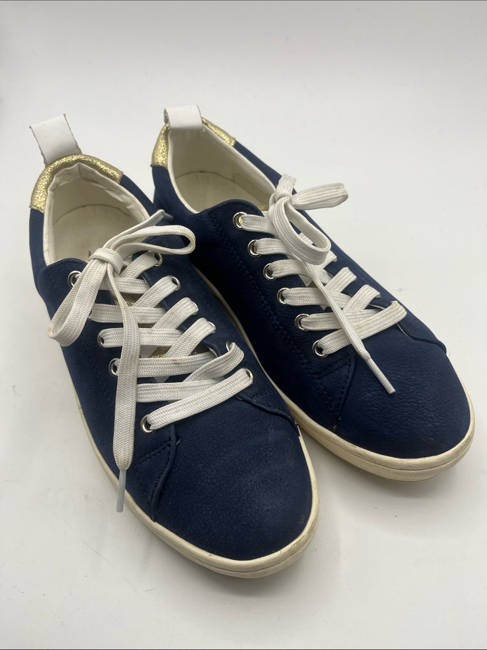 Fly London Navy Blue Sneakers with White Laces and Gold Heel Accent